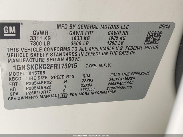 Продажа на аукционе авто 2015 Chevrolet Tahoe Ltz, vin: 1GNSKCKC2FR173915, номер лота: 45789556