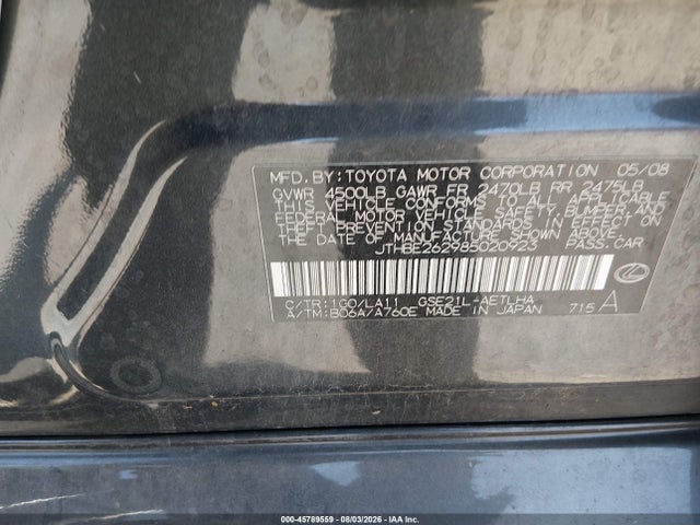 45789559 :رقم المزاد ، JTHBE262985020923 vin ، 2008 Lexus Is 350 مزاد بيع