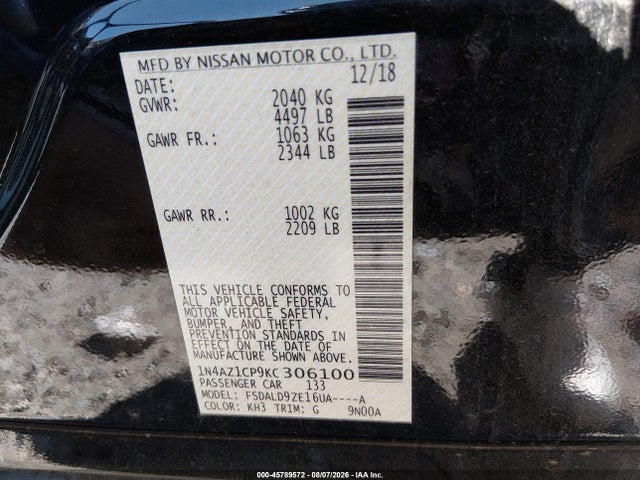 Auction sale of the 2019 Nissan Leaf Sv, vin: 1N4AZ1CP9KC306100, lot number: 45789572
