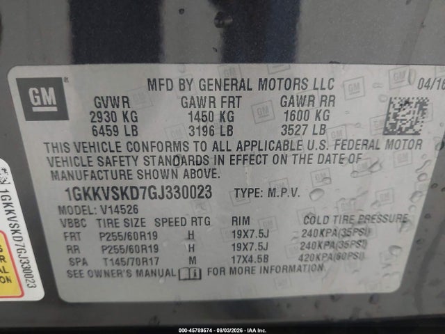 45789574 :رقم المزاد ، 1GKKVSKD7GJ330023 vin ، 2016 Gmc Acadia Slt-2 مزاد بيع