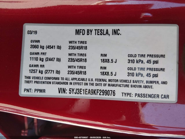Tesla Model 3 Long Range/mid Range/standard Range/standard Range Plus 2019 5YJ3E1EA9KF299076 Image 9