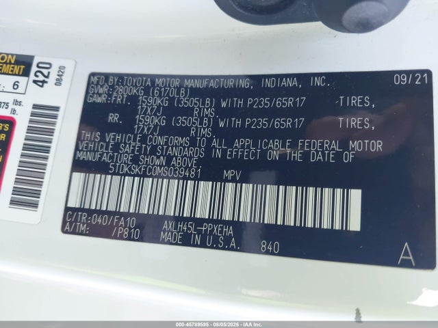 Продажа на аукционе авто 2021 Toyota Sienna Le, vin: 5TDKSKFC0MS039481, номер лота: 45789595