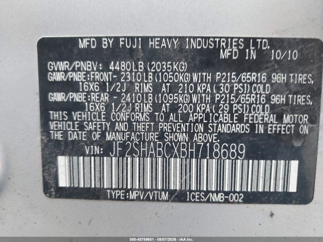 Aukcja sprzedaży 2011 Subaru Forester 2.5x, vin: JF2SHABCXBH718689, numer aukcji: 45789601