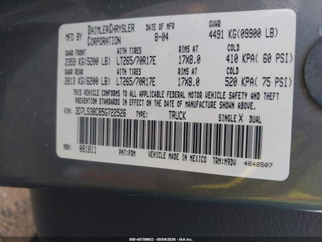 Aukcja sprzedaży 2005 Dodge Ram 3500 Slt/laramie, vin: 3D7LS38C85G722526, numer aukcji: 45789602