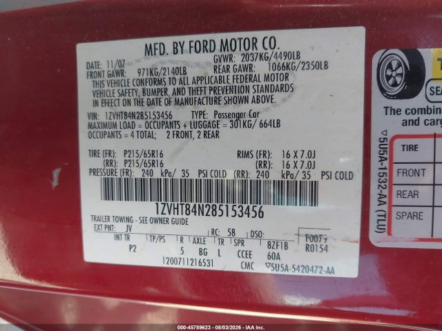 Aukcja sprzedaży 2008 Ford Mustang V6 Deluxe/v6 Premium, vin: 1ZVHT84N285153456, numer aukcji: 45789623