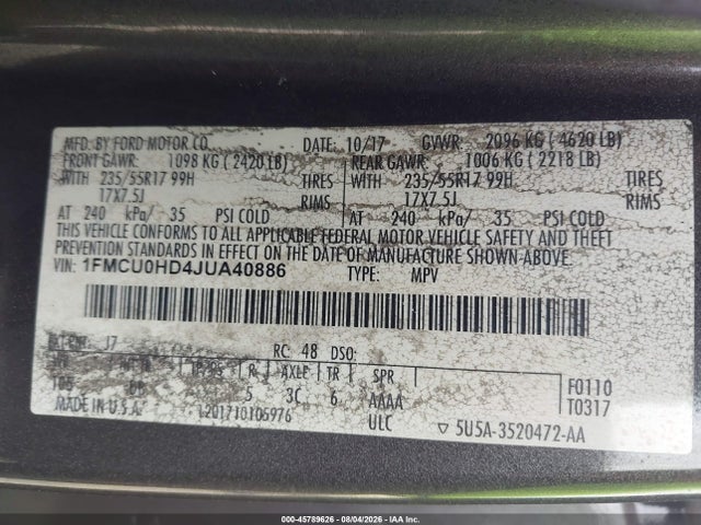 1FMCU0HD4JUA40886 Ford ESCAPE SEL
