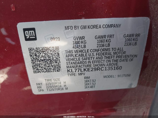 Продажа на аукционе авто 2024 Chevrolet Trax Fwd Activ, vin: KL77LKE29RC135160, номер лота: 45789653