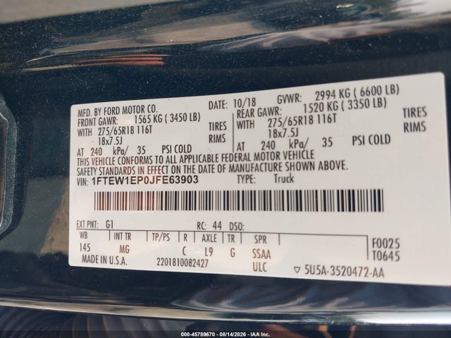 45789670 :رقم المزاد ، 1FTEW1EP0JFE63903 vin ، 2018 Ford F-150 Xlt مزاد بيع