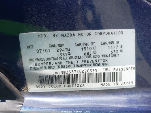 45789678 :رقم المزاد ، JM1NB353720220355 vin ، 2002 Mazda Mx-5 Miata Cloth/ls/se مزاد بيع
