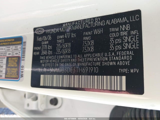 Продаж на аукціоні авто 2026 Hyundai Tucson Sel, vin: 5NMJB3DE3TH691910, номер лоту: 45789696