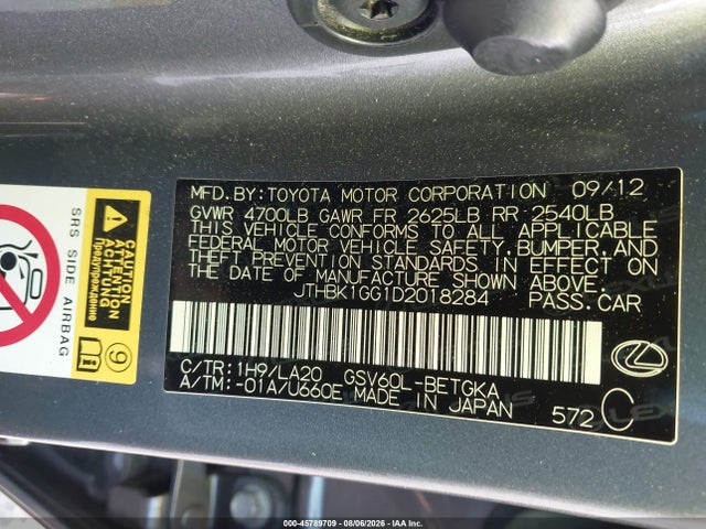 45789709 :رقم المزاد ، JTHBK1GG1D2018284 vin ، 2013 Lexus Es 350 مزاد بيع