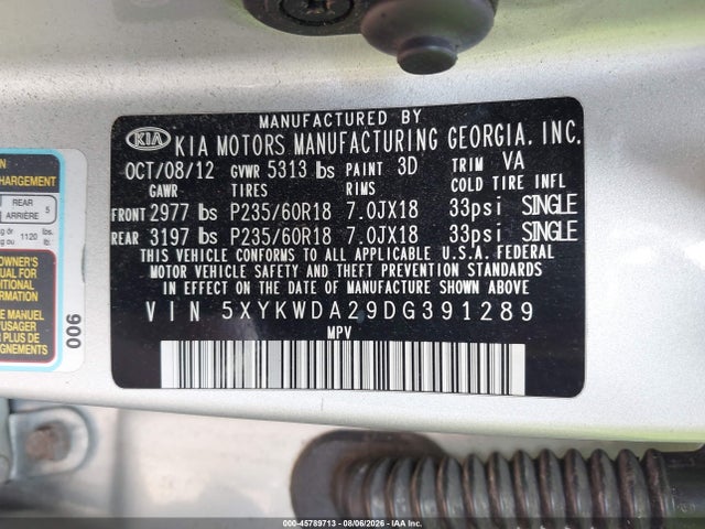 2013 Kia Sorento Sx V6 მანქანა იყიდება აუქციონზე, vin: 5XYKWDA29DG391289, აუქციონის ნომერი: 45789713