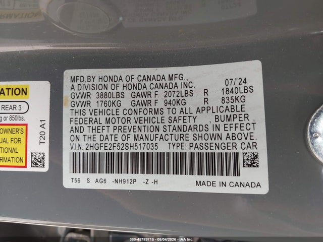 45789715 :رقم المزاد ، 2HGFE2F52SH517035 vin ، 2025 Honda Civic Sport مزاد بيع