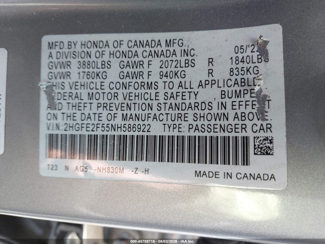 2HGFE2F55NH586922 Honda Civic Sport