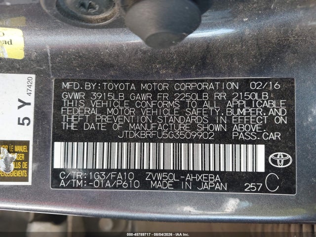Toyota Prius Two 2016 JTDKBRFU5G3509902 Image 9