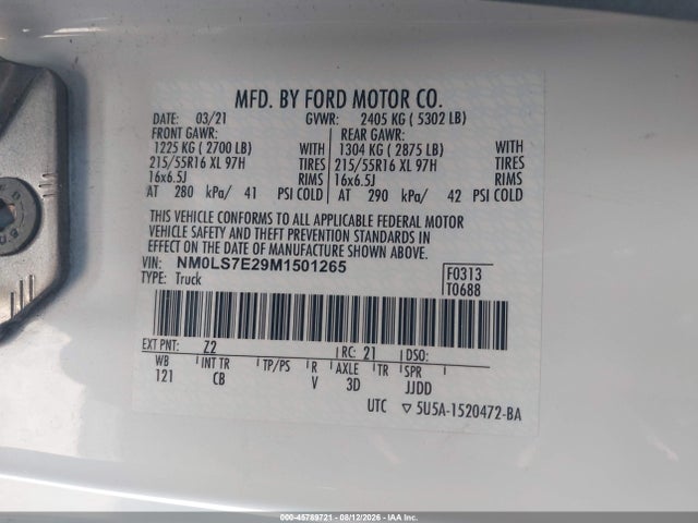 Aukcja sprzedaży 2021 Ford Transit Connect Xl, vin: NM0LS7E29M1501265, numer aukcji: 45789721