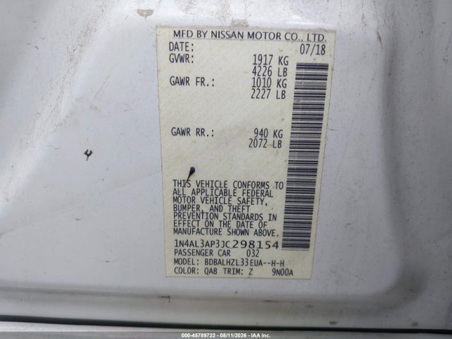 45789722 :رقم المزاد ، 1N4AL3AP3JC298154 vin ، 2018 Nissan Altima 2.5 Sr مزاد بيع