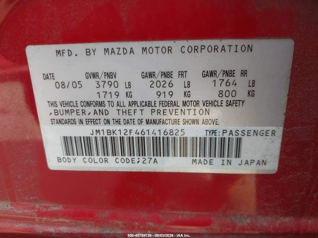 Продаж на аукціоні авто 2006 Mazda Mazda3 I, vin: JM1BK12F461416825, номер лоту: 45789726