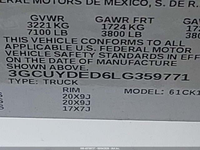 45789727 :رقم المزاد ، 3GCUYDED6LG359771 vin ، 2020 Chevrolet Silverado 1500 4wd  Short Bed Lt مزاد بيع