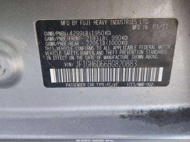 2011 Subaru Impreza Outback Sport მანქანა იყიდება აუქციონზე, vin: JF1GH6D66BG820883, აუქციონის ნომერი: 45789732