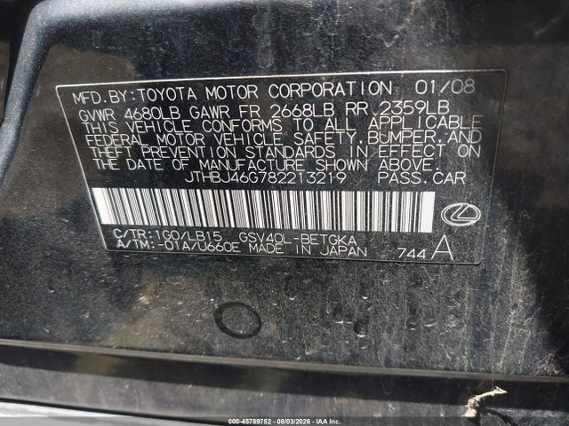 Продаж на аукціоні авто 2008 Lexus Es 350, vin: JTHBJ46G782213219, номер лоту: 45789752
