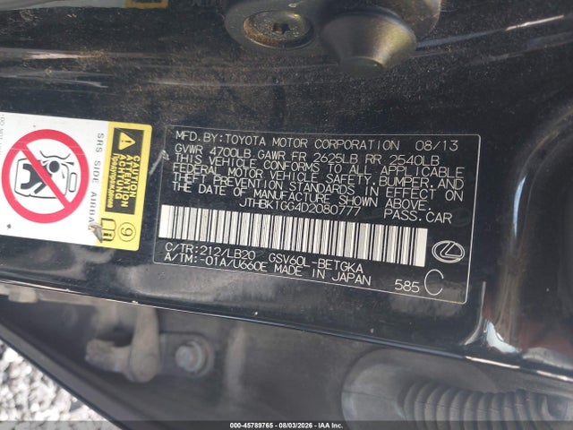 45789765 :رقم المزاد ، JTHBK1GG4D2080777 vin ، 2013 Lexus Es 350 مزاد بيع