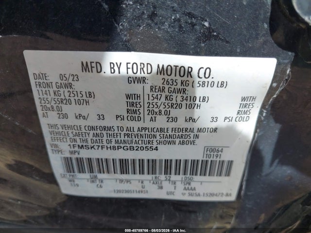 2023 Ford Explorer Limited მანქანა იყიდება აუქციონზე, vin: 1FMSK7FH8PGB20554, აუქციონის ნომერი: 45789766