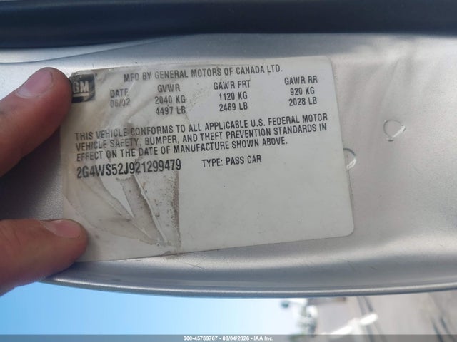 45789767 :رقم المزاد ، 2G4WS52J921299479 vin ، 2002 Buick Century Custom مزاد بيع