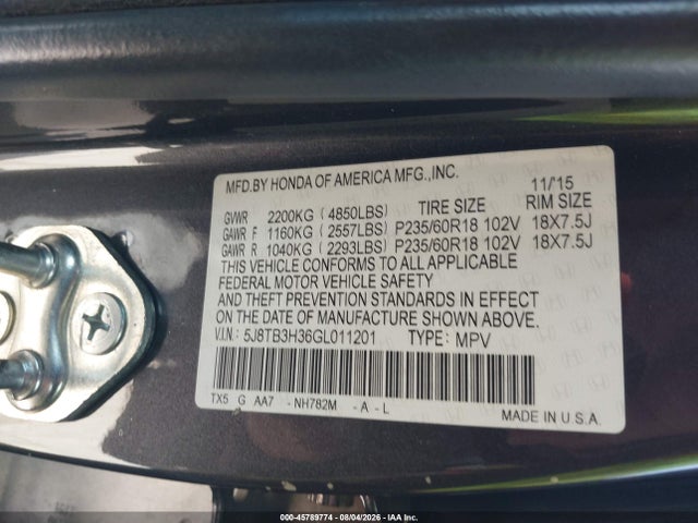 2016 Acura Rdx Acurawatch Plus Pkg მანქანა იყიდება აუქციონზე, vin: 5J8TB3H36GL011201, აუქციონის ნომერი: 45789774