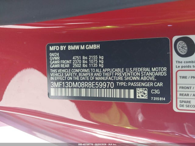 2024 Bmw M2 მანქანა იყიდება აუქციონზე, vin: 3MF13DM08R8E59970, აუქციონის ნომერი: 45789776