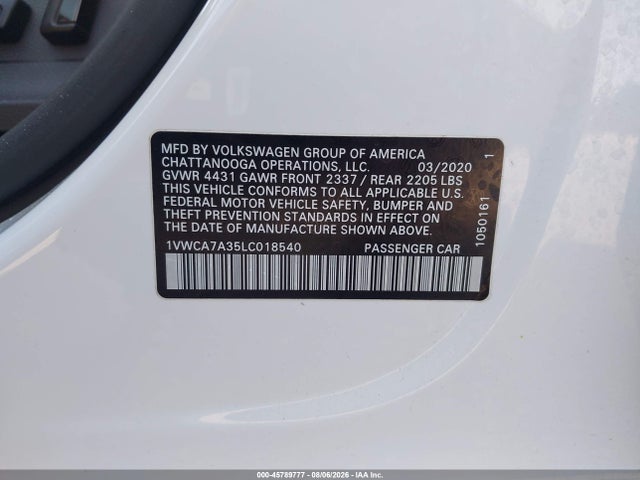Aukcja sprzedaży 2020 Volkswagen Passat Sel, vin: 1VWCA7A35LC018540, numer aukcji: 45789777