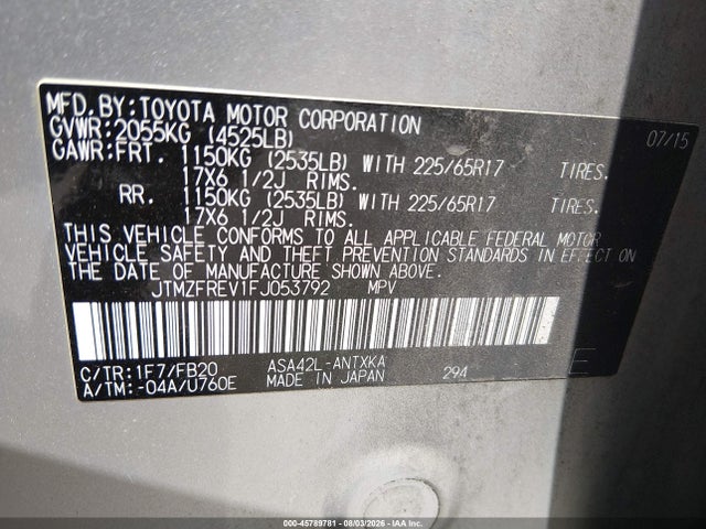 2015 Toyota Rav4 Le მანქანა იყიდება აუქციონზე, vin: JTMZFREV1FJ053792, აუქციონის ნომერი: 45789781