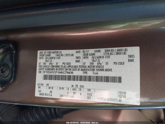 Продаж на аукціоні авто 2017 Ford F-150 Lariat, vin: 1FTEW1CF1HKC79436, номер лоту: 45789780