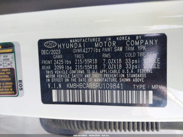 Aukcja sprzedaży 2024 Hyundai Kona Sel, vin: KM8HBCAB8RU109841, numer aukcji: 45789802