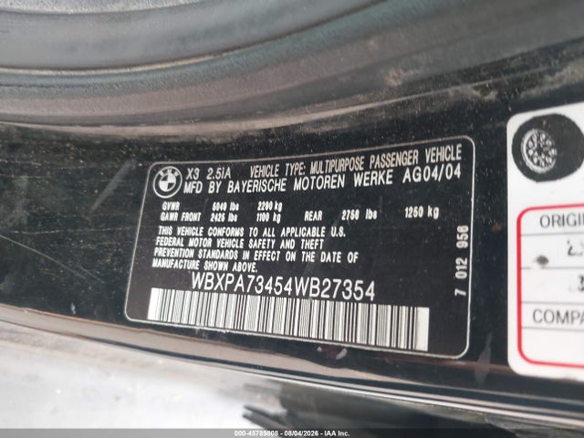 Aukcja sprzedaży 2004 Bmw X3 2.5i, vin: WBXPA73454WB27354, numer aukcji: 45789808