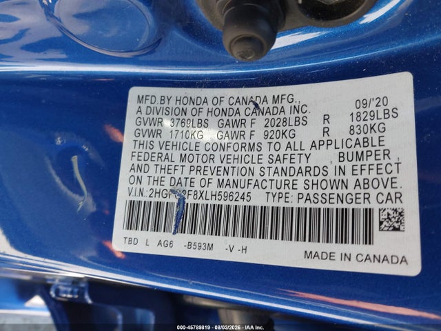 Aukcja sprzedaży 2020 Honda Civic Sport, vin: 2HGFC2F8XLH596245, numer aukcji: 45789819