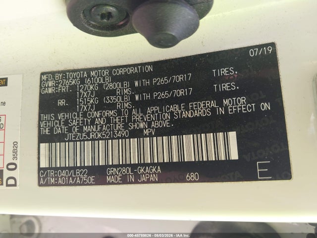 Продаж на аукціоні авто 2019 Toyota 4runner Sr5 Premium, vin: JTEZU5JR0K5213490, номер лоту: 45789826