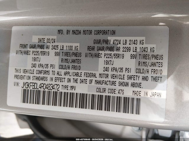 45789849 :رقم المزاد ، JM3KFBDL4R0483472 vin ، 2024 Mazda Cx-5 2.5 S Premium مزاد بيع