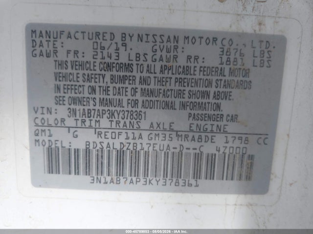 Nissan SENTRA SV 2019 3N1AB7AP3KY378361 Image 9