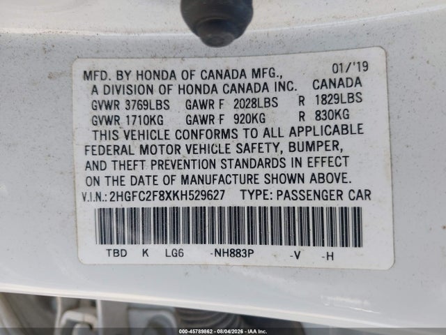 Honda Civic Sport 2019 2HGFC2F8XKH529627 Image 9
