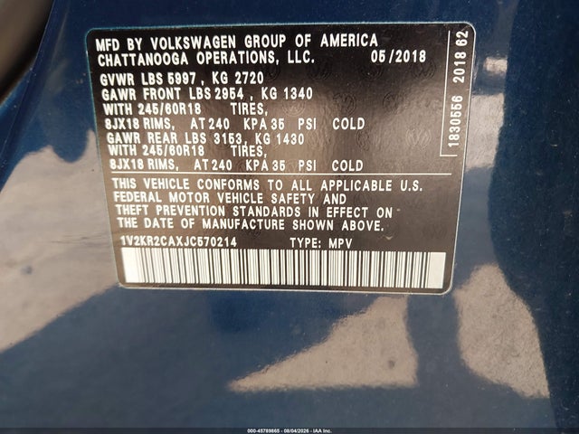 Продажа на аукционе авто 2018 Volkswagen Atlas 3.6l V6 Se, vin: 1V2KR2CAXJC570214, номер лота: 45789865