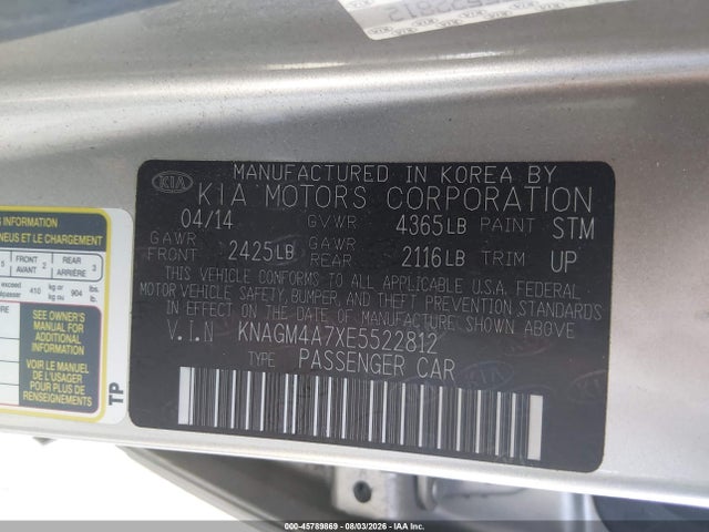 Aukcja sprzedaży 2014 Kia Optima Lx, vin: KNAGM4A7XE5522812, numer aukcji: 45789869