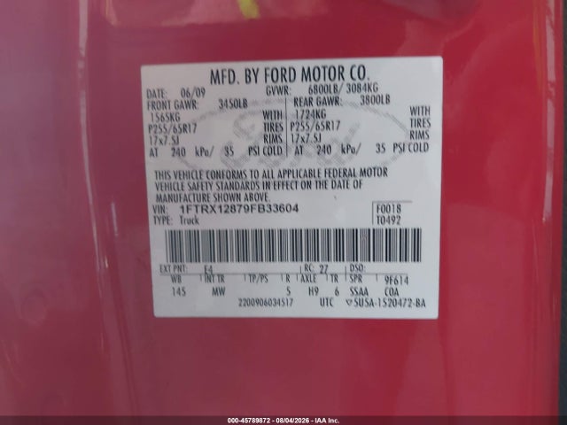 45789872 :رقم المزاد ، 1FTRX12879FB33604 vin ، 2009 Ford F-150 Stx/xl/xlt مزاد بيع