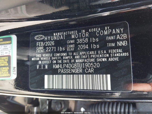 Aukcja sprzedaży 2026 Hyundai Elantra Limited, vin: KMHLP4DG8TU190520, numer aukcji: 45789873