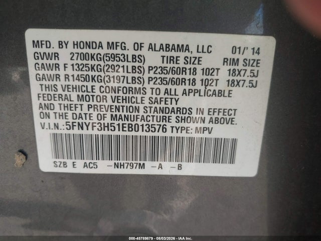 5FNYF3H51EB013576 Honda Pilot Ex-l
