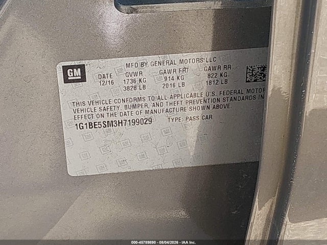 45789890 :رقم المزاد ، 1G1BE5SM3H7199029 vin ، 2017 Chevrolet Cruze Lt Auto مزاد بيع