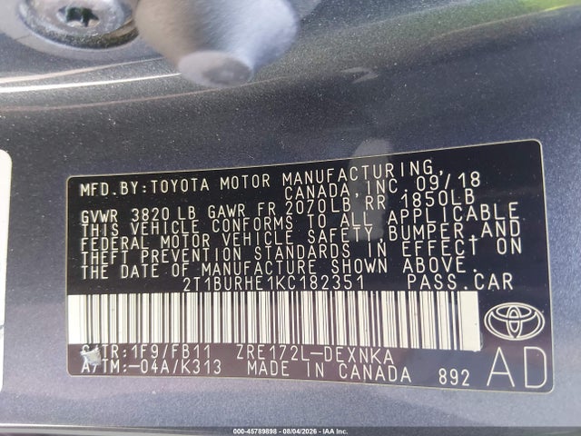 2T1BURHE1KC182351 Toyota COROLLA LE
