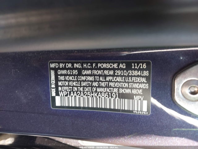 45789899 :رقم المزاد ، WP1AA2A25HKA86191 vin ، 2017 Porsche Cayenne Platinum Edition مزاد بيع