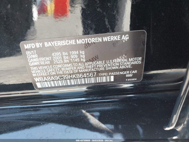 45789909 :رقم المزاد ، WBA8A9C39HK864567 vin ، 2017 Bmw 320i مزاد بيع