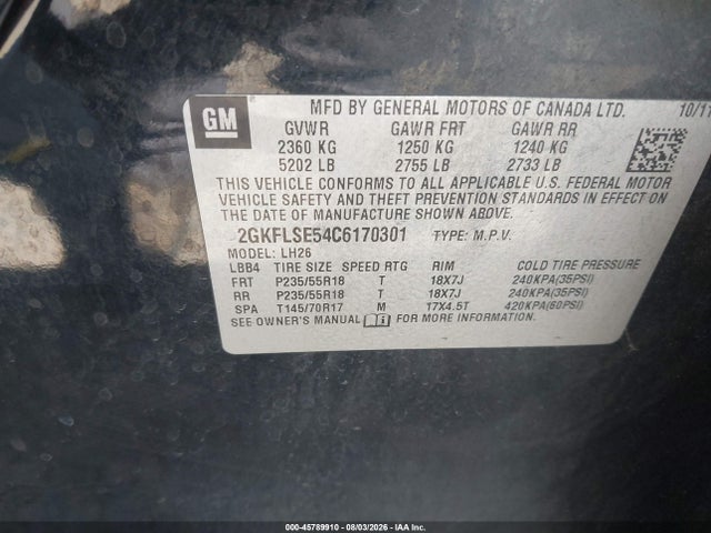 Aukcja sprzedaży 2012 Gmc Terrain Sle-2, vin: 2GKFLSE54C6170301, numer aukcji: 45789910